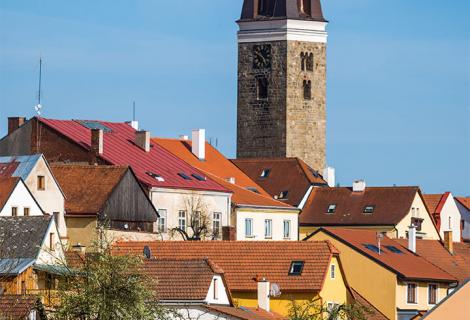 Kraj pod Javořicí, Telč, Věž sv. Ducha, pohled přes rybník