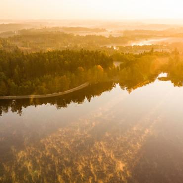 Velký pařezitý rybník je ideální místo ke koupání u Telče, pohled na rybník při západu slunce